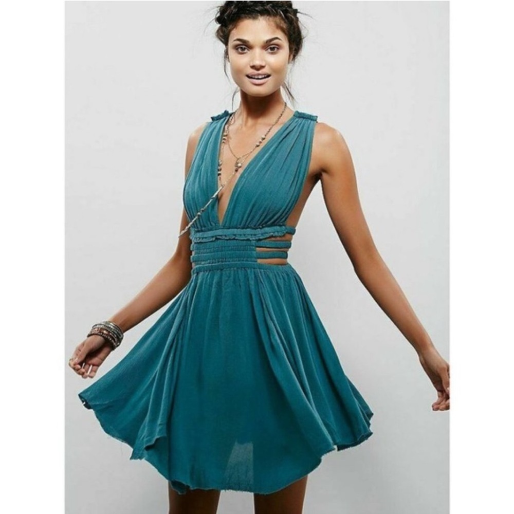 Free People Teal Feel the Flava Cutout Strappy Raw Hem Mini Dress XSmall RARE